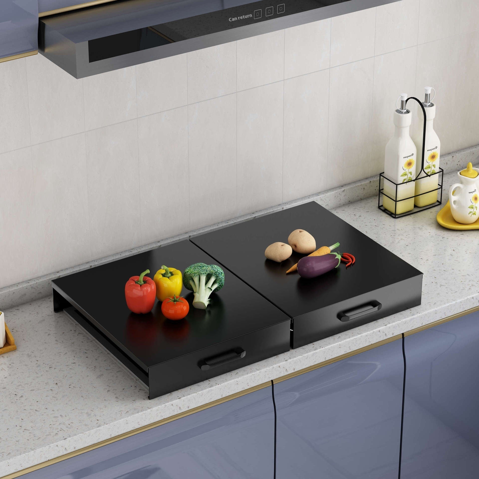Induction cooker pot shelf with a pot on a gas stove, wooden cutting board, and fresh tomatoes in a modern kitchen.