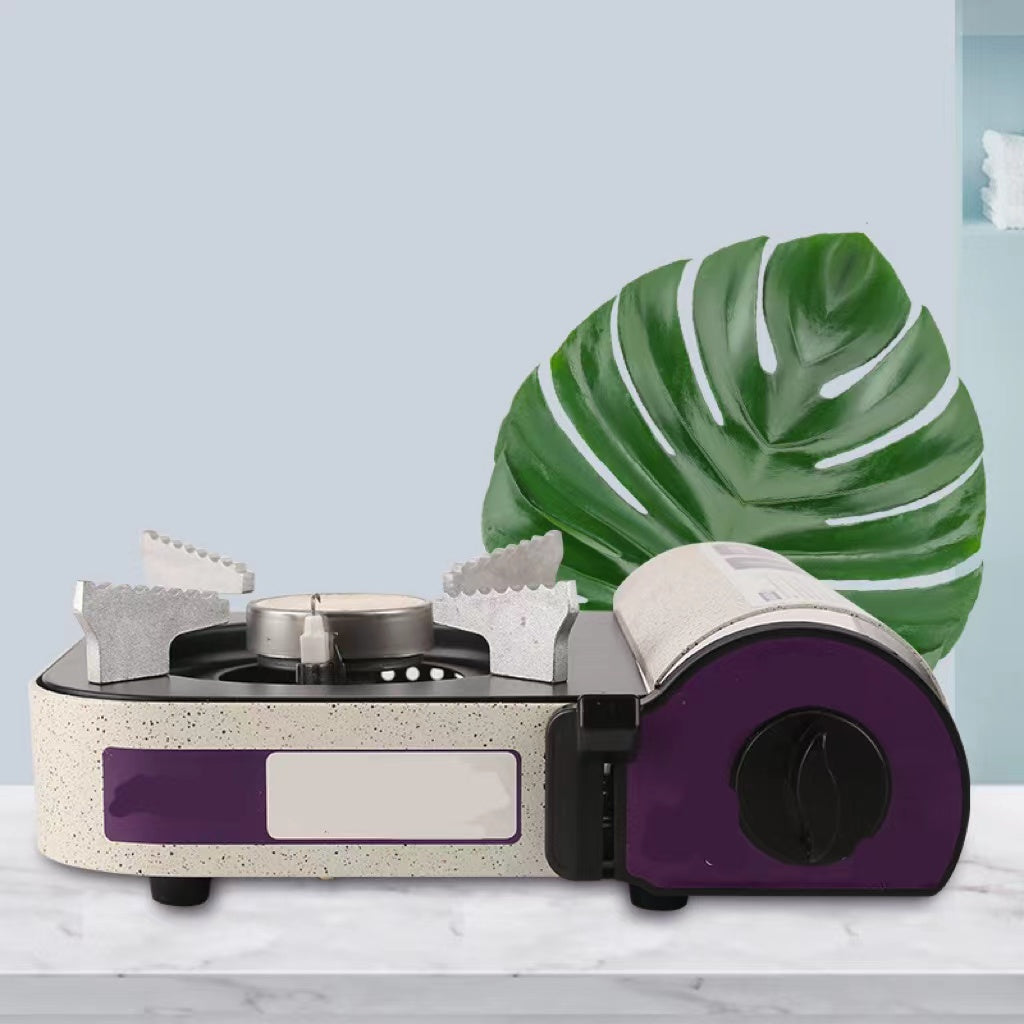 Mini outdoor calf-type gas stove with flames, perfect for outdoor cooking and gatherings.