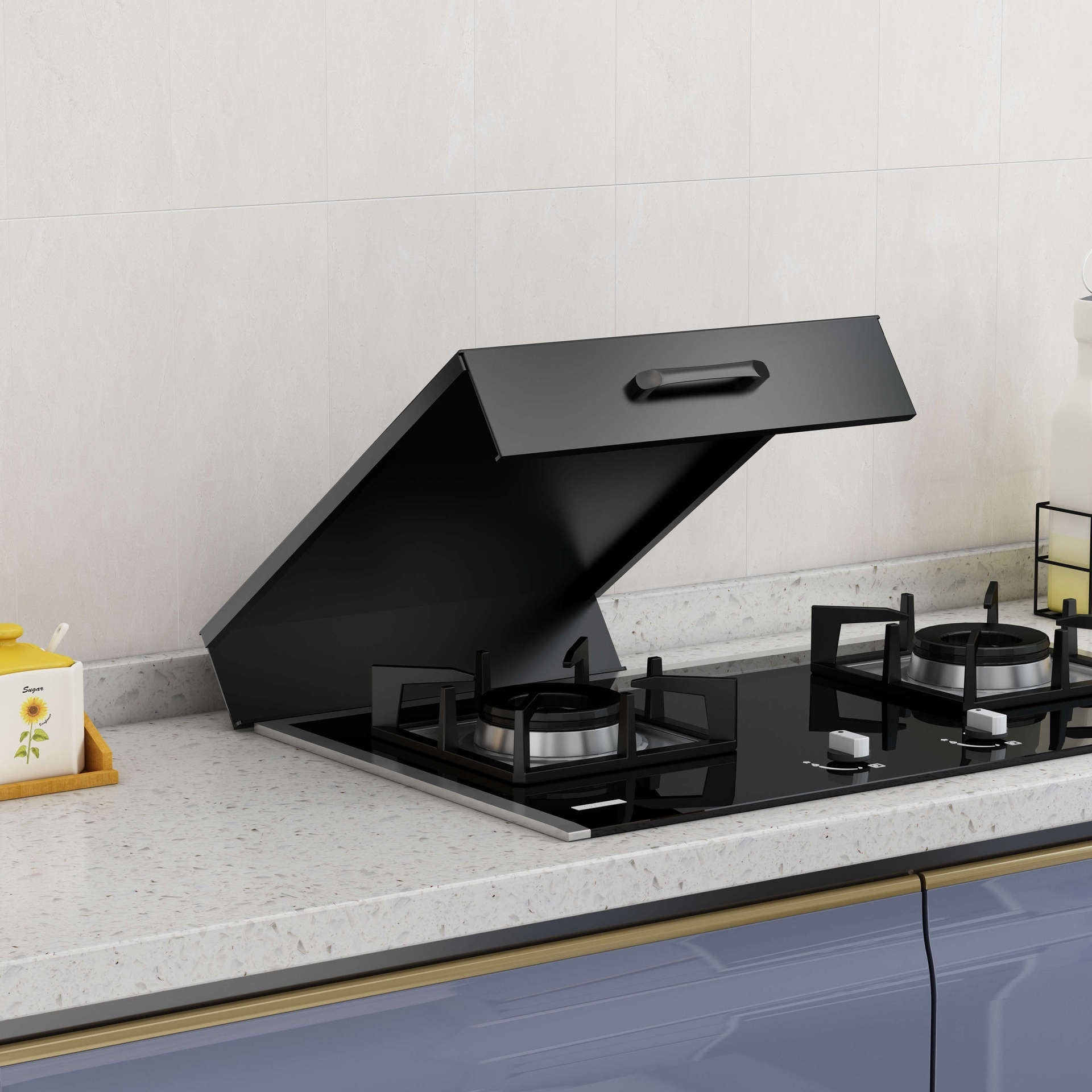 Induction cooker pot shelf with a pot on a gas stove, wooden cutting board, and fresh tomatoes in a modern kitchen.