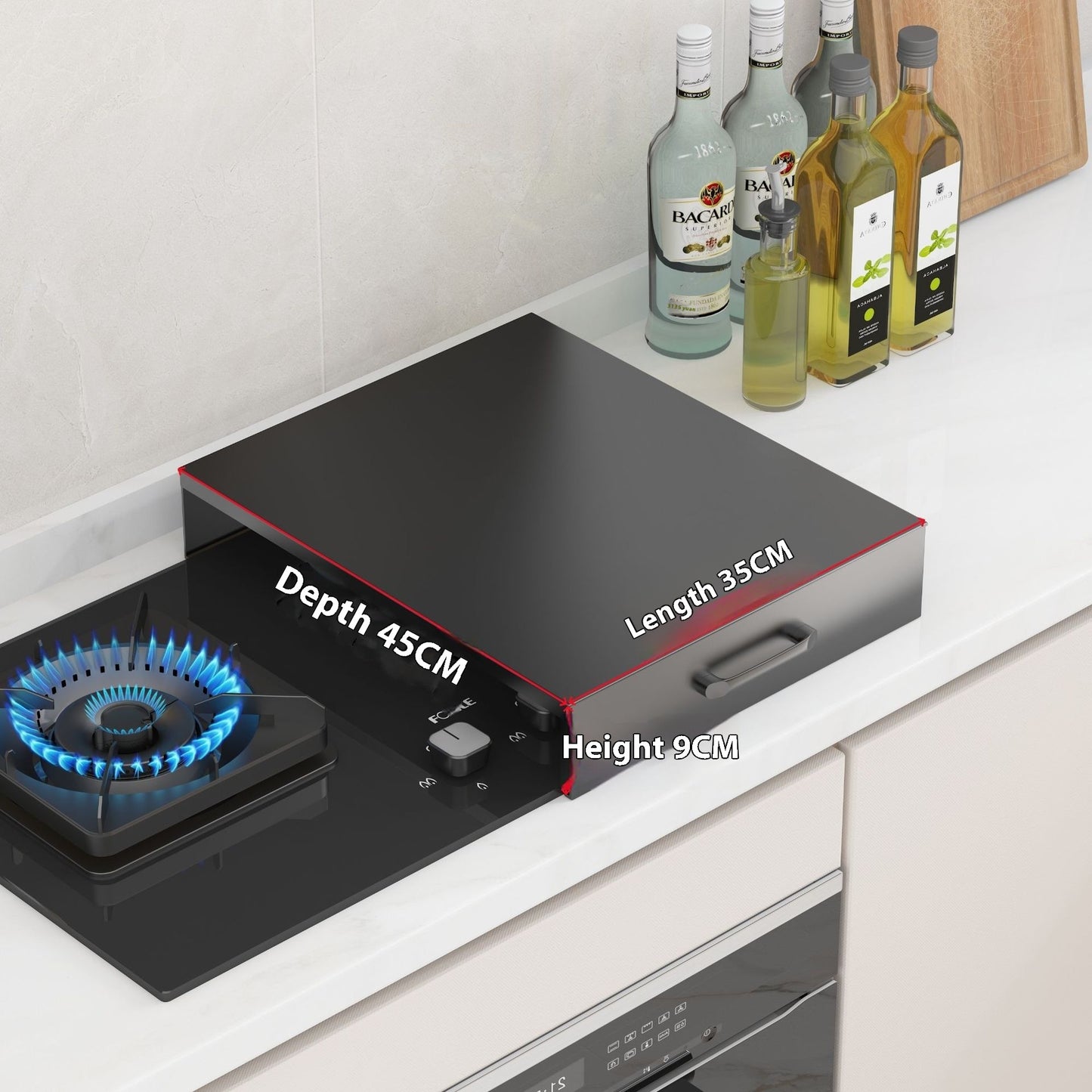 Induction cooker pot shelf with a pot on a gas stove, wooden cutting board, and fresh tomatoes in a modern kitchen.