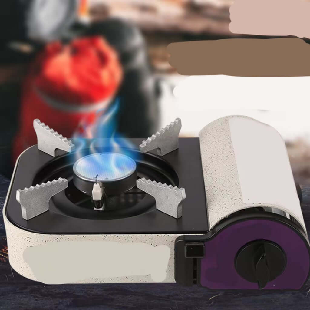 Mini outdoor calf-type gas stove with flames, perfect for outdoor cooking and gatherings.