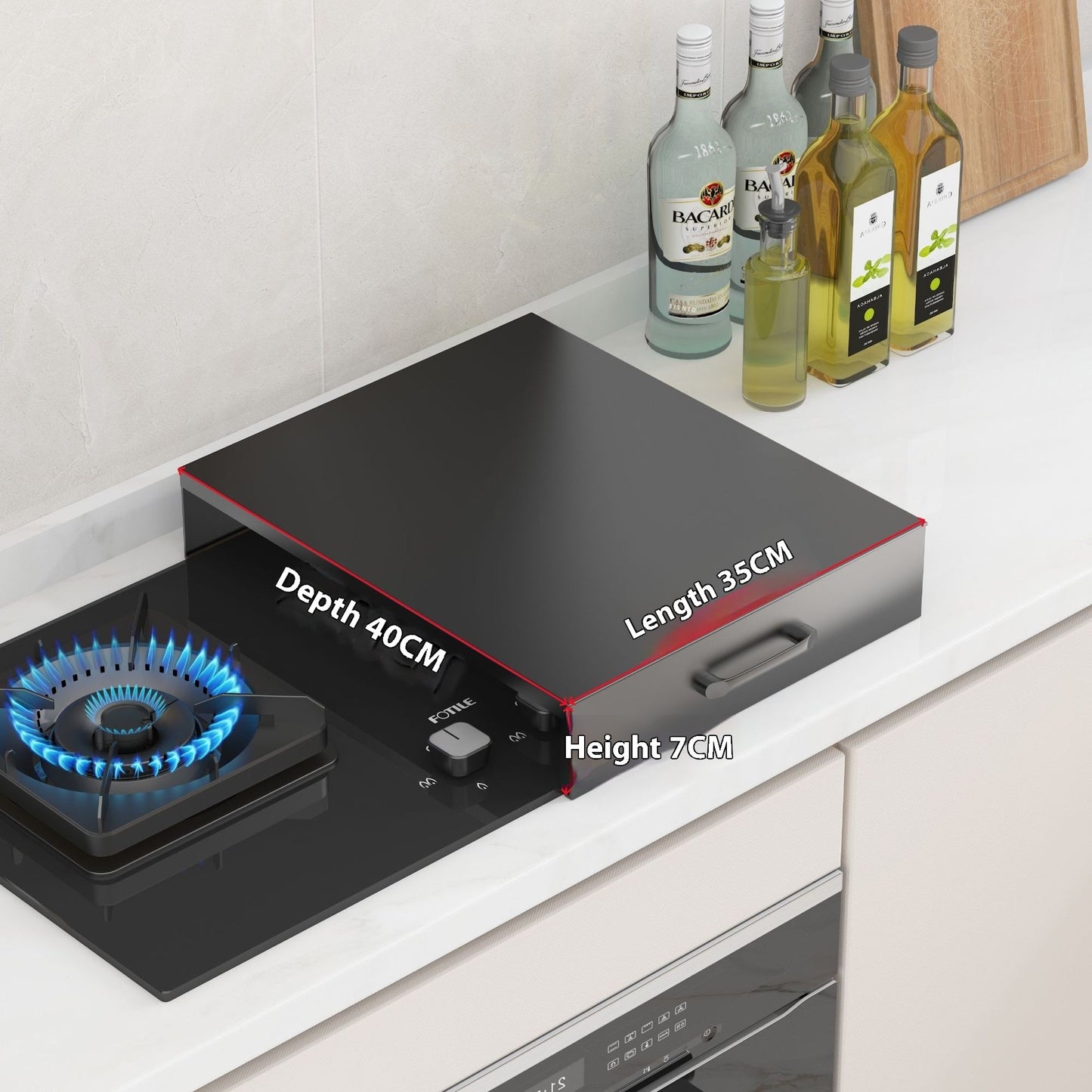 Induction cooker pot shelf with a pot on a gas stove, wooden cutting board, and fresh tomatoes in a modern kitchen.