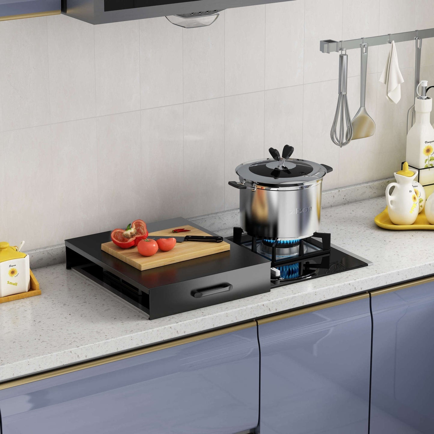 Induction cooker pot shelf with a pot on a gas stove, wooden cutting board, and fresh tomatoes in a modern kitchen.