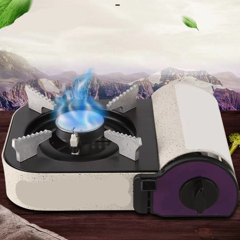 Mini outdoor calf-type gas stove with flames, perfect for outdoor cooking and gatherings.