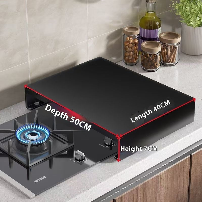 Induction cooker pot shelf with a pot on a gas stove, wooden cutting board, and fresh tomatoes in a modern kitchen.
