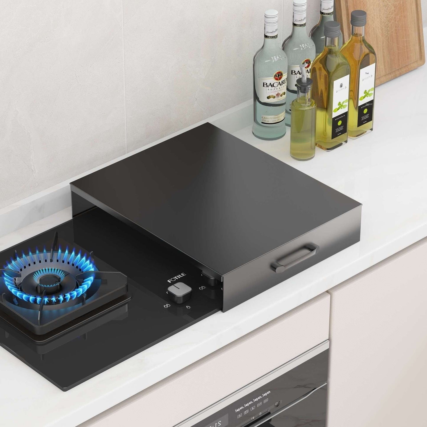 Induction cooker pot shelf featuring a modern design on a kitchen countertop with a gas stove.